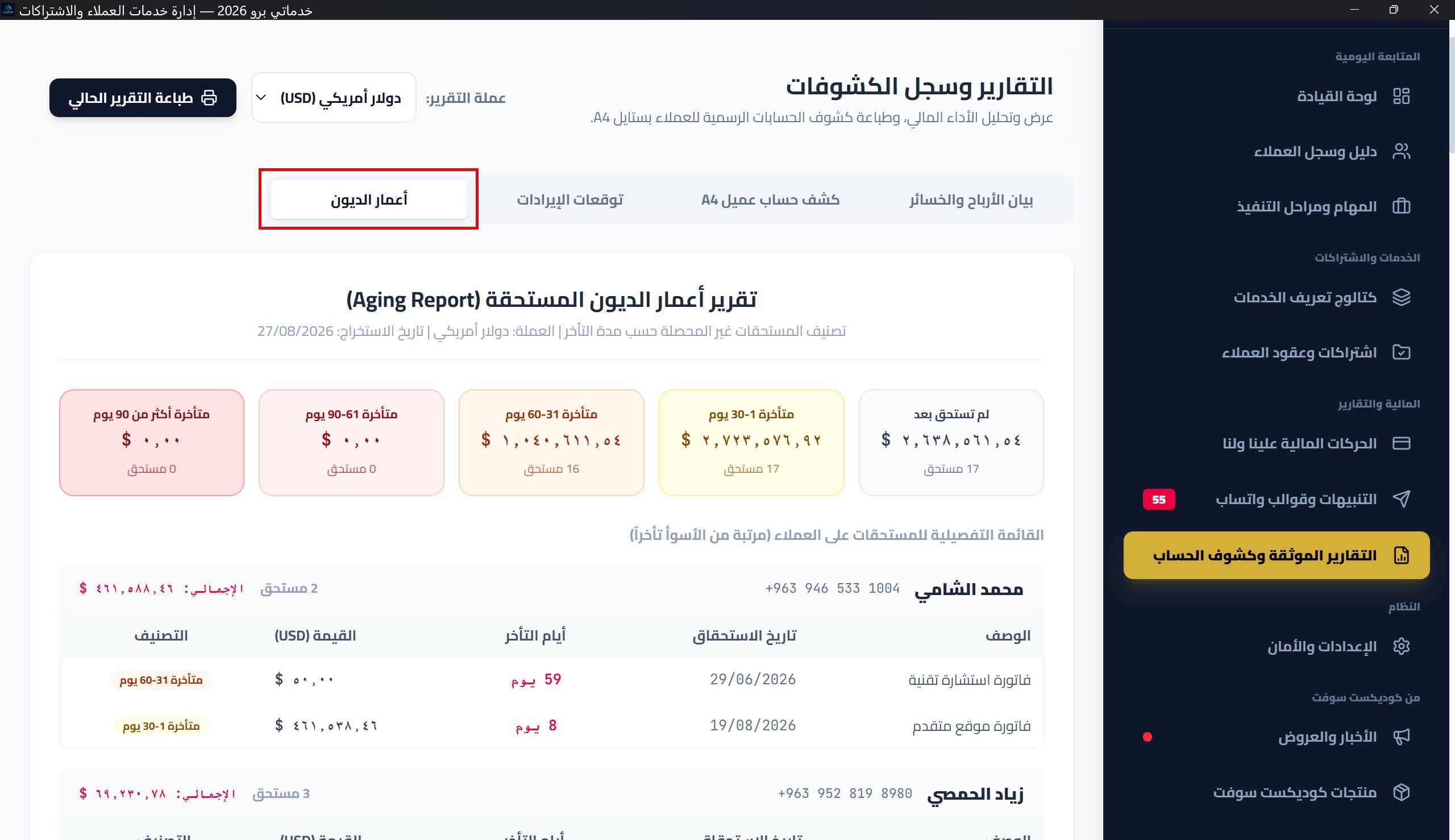 تقرير أعمار الديون: بطاقات الشرائح الخمس والقائمة التفصيلية وصف الإجمالي